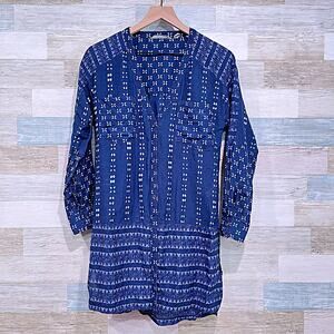 ATHLETA Swim Ikat Kaftan Cover Up Blue White Silk Blend Swimwear Womens XS